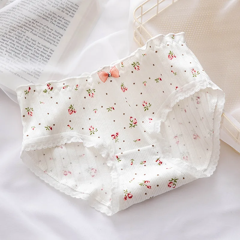 5Pcs/set Pure Cotton Sweet Bow Lace Women Panties Mid-Waist Girls Briefs Floral Underpants Soft Shorts Sexy Female Lingeries
