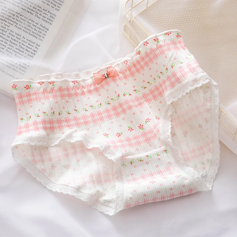 5Pcs/set Pure Cotton Sweet Bow Lace Women Panties Mid-Waist Girls Briefs Floral Underpants Soft Shorts Sexy Female Lingeries