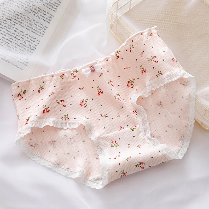 5Pcs/set Pure Cotton Sweet Bow Lace Women Panties Mid-Waist Girls Briefs Floral Underpants Soft Shorts Sexy Female Lingeries