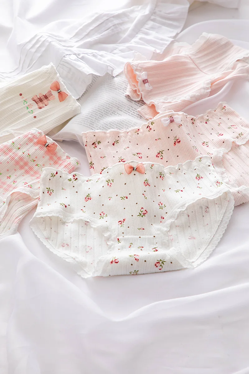 5Pcs/set Pure Cotton Sweet Bow Lace Women Panties Mid-Waist Girls Briefs Floral Underpants Soft Shorts Sexy Female Lingeries