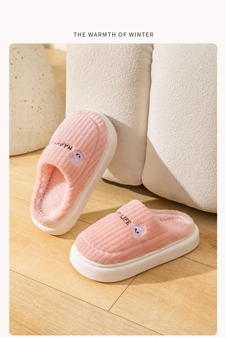 Women Men Winter Cartoon Embroidery Plush Slippers Thick Sole Corduroy Warm Indoor Home Shoes Soft Non Slip Couple House Slipper