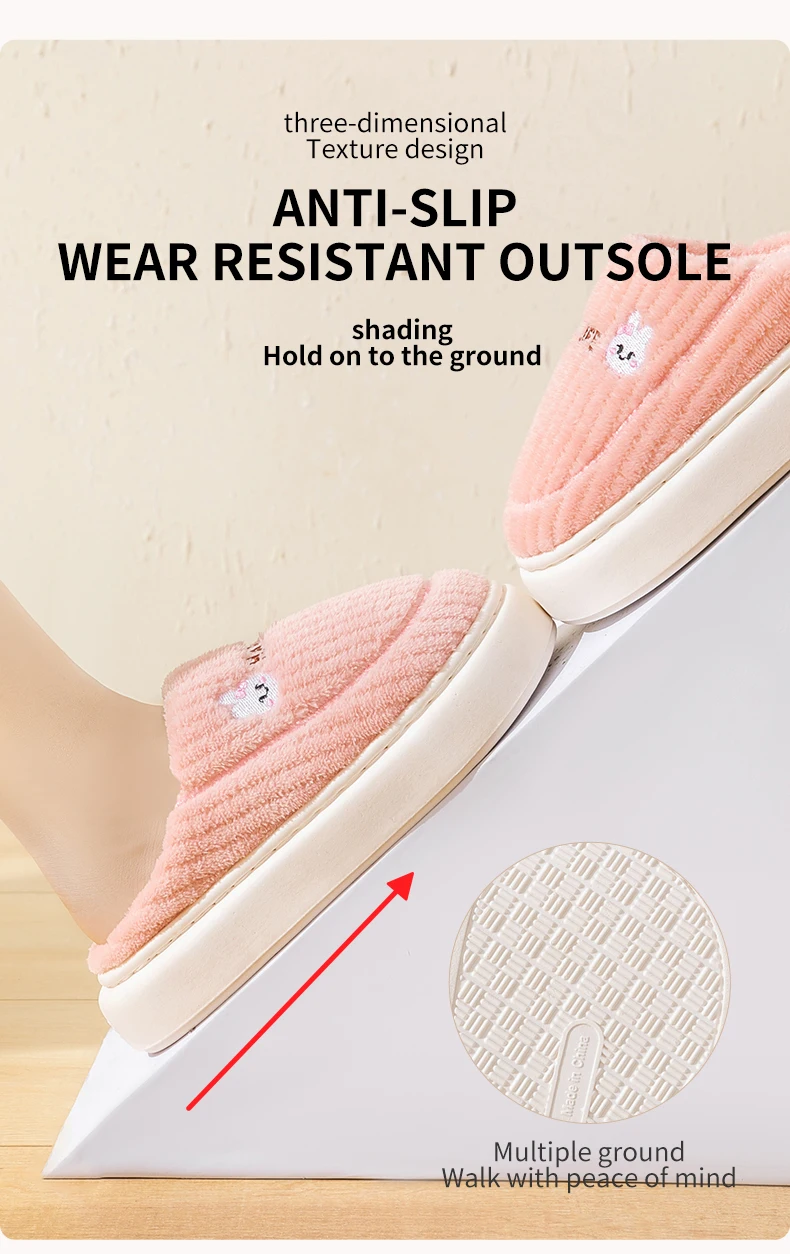 Women Men Winter Cartoon Embroidery Plush Slippers Thick Sole Corduroy Warm Indoor Home Shoes Soft Non Slip Couple House Slipper