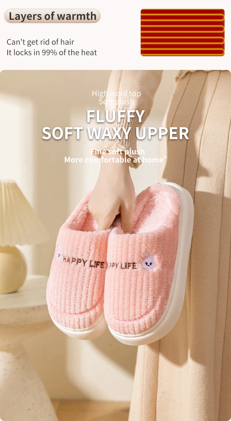 Women Men Winter Cartoon Embroidery Plush Slippers Thick Sole Corduroy Warm Indoor Home Shoes Soft Non Slip Couple House Slipper