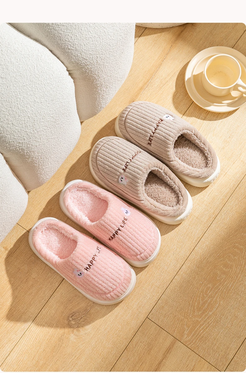 Women Men Winter Cartoon Embroidery Plush Slippers Thick Sole Corduroy Warm Indoor Home Shoes Soft Non Slip Couple House Slipper