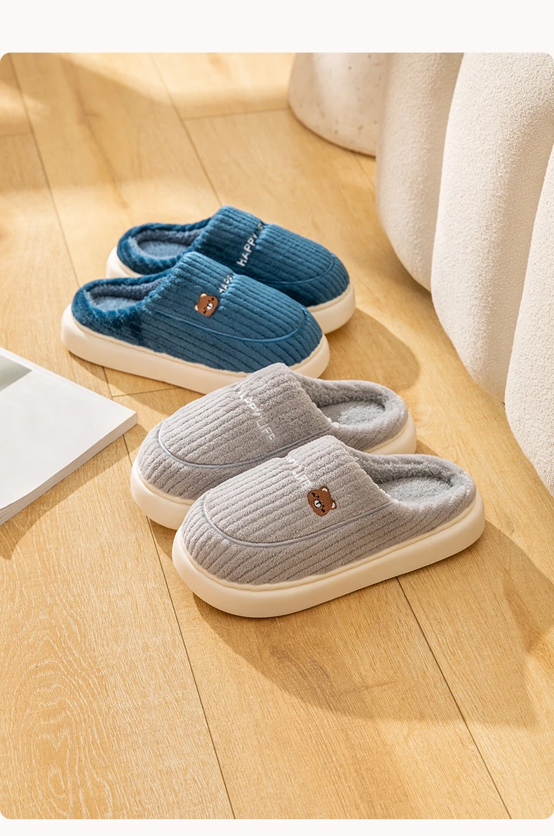 Women Men Winter Cartoon Embroidery Plush Slippers Thick Sole Corduroy Warm Indoor Home Shoes Soft Non Slip Couple House Slipper