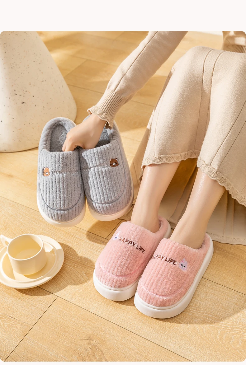 Women Men Winter Cartoon Embroidery Plush Slippers Thick Sole Corduroy Warm Indoor Home Shoes Soft Non Slip Couple House Slipper