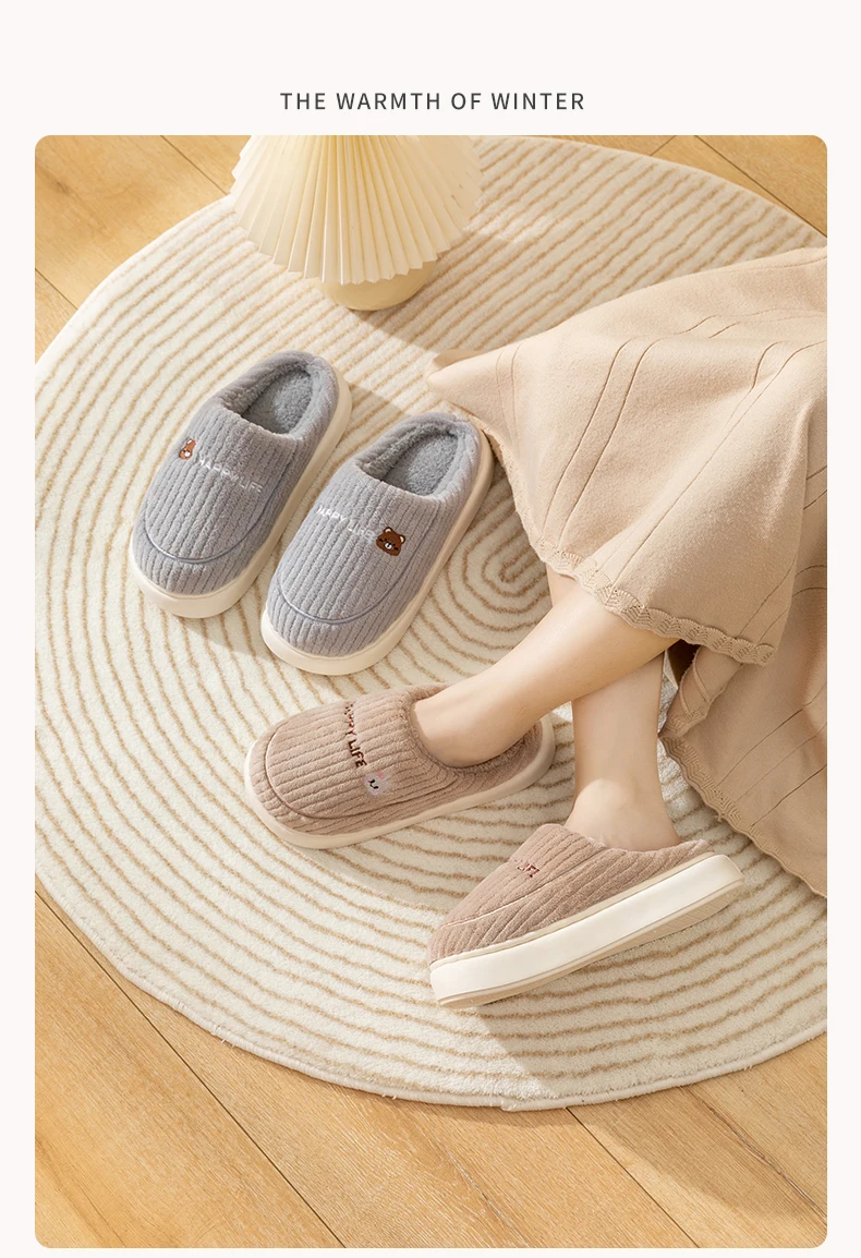 Women Men Winter Cartoon Embroidery Plush Slippers Thick Sole Corduroy Warm Indoor Home Shoes Soft Non Slip Couple House Slipper