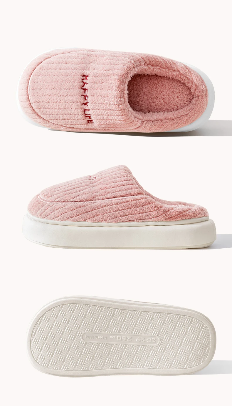 Women Men Winter Cartoon Embroidery Plush Slippers Thick Sole Corduroy Warm Indoor Home Shoes Soft Non Slip Couple House Slipper