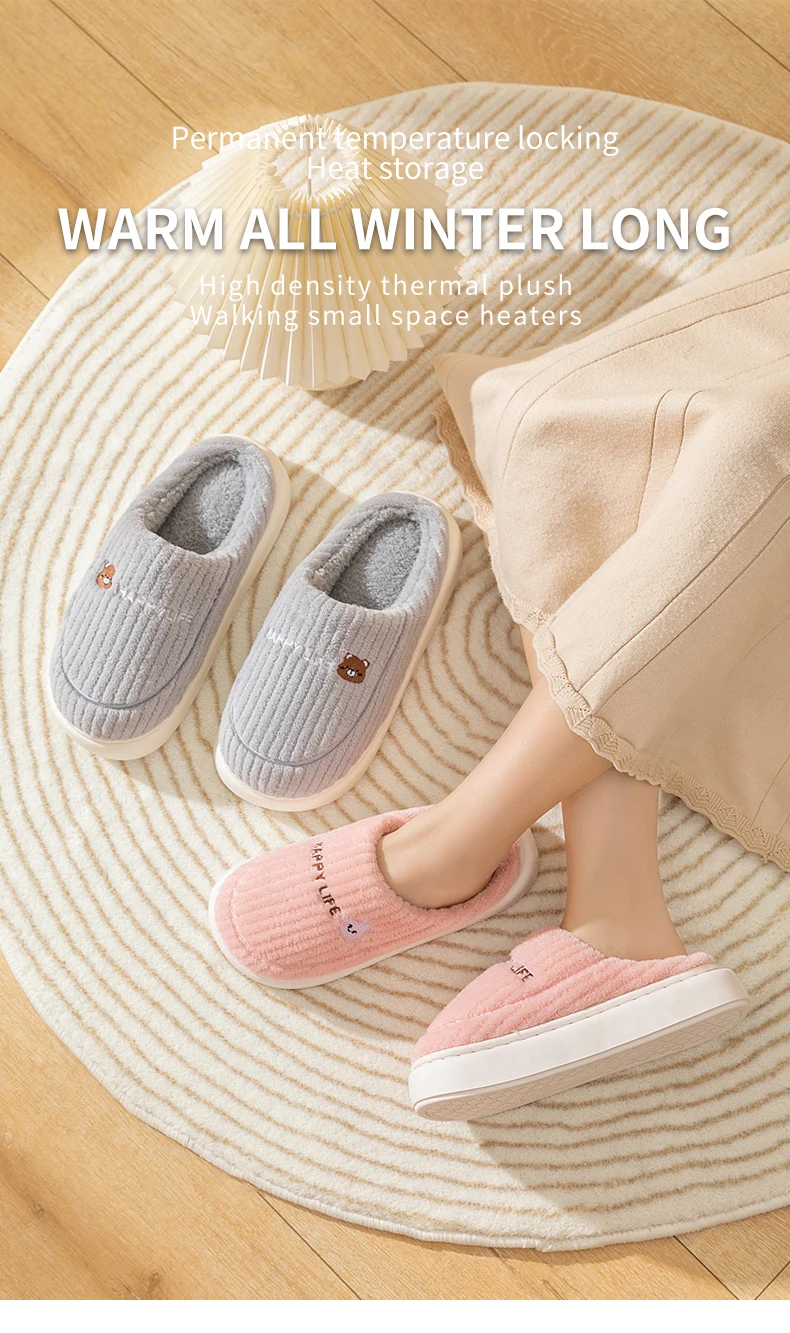 Women Men Winter Cartoon Embroidery Plush Slippers Thick Sole Corduroy Warm Indoor Home Shoes Soft Non Slip Couple House Slipper