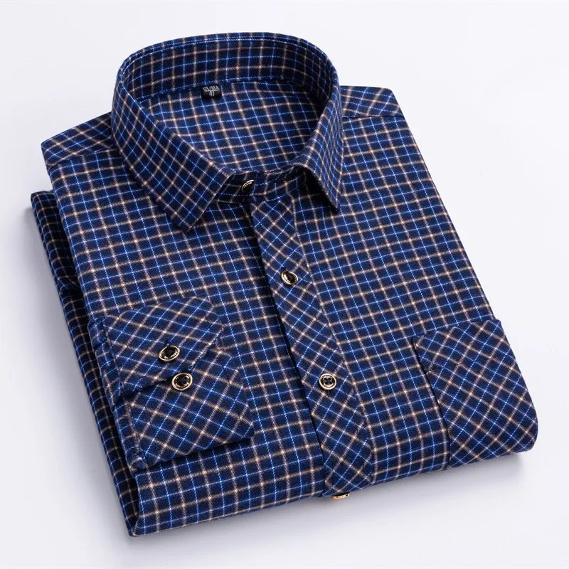 2024 New Men's Flannel Shirts Long Sleeve Cotton Soft Regular-fit Brushed Single Pocket Comfortable Casual Fashion Plaid Shirts