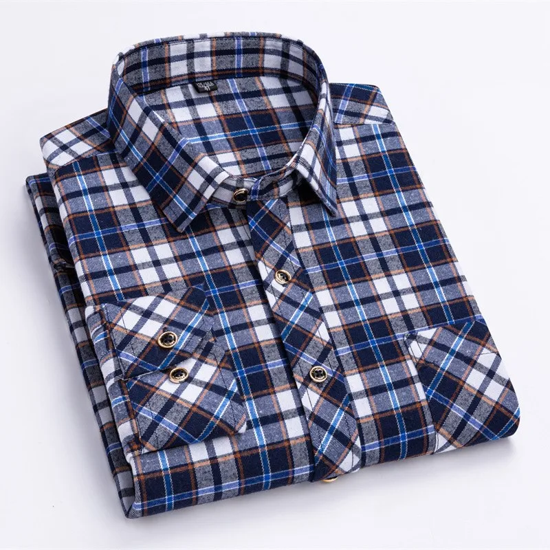 2024 New Men's Flannel Shirts Long Sleeve Cotton Soft Regular-fit Brushed Single Pocket Comfortable Casual Fashion Plaid Shirts