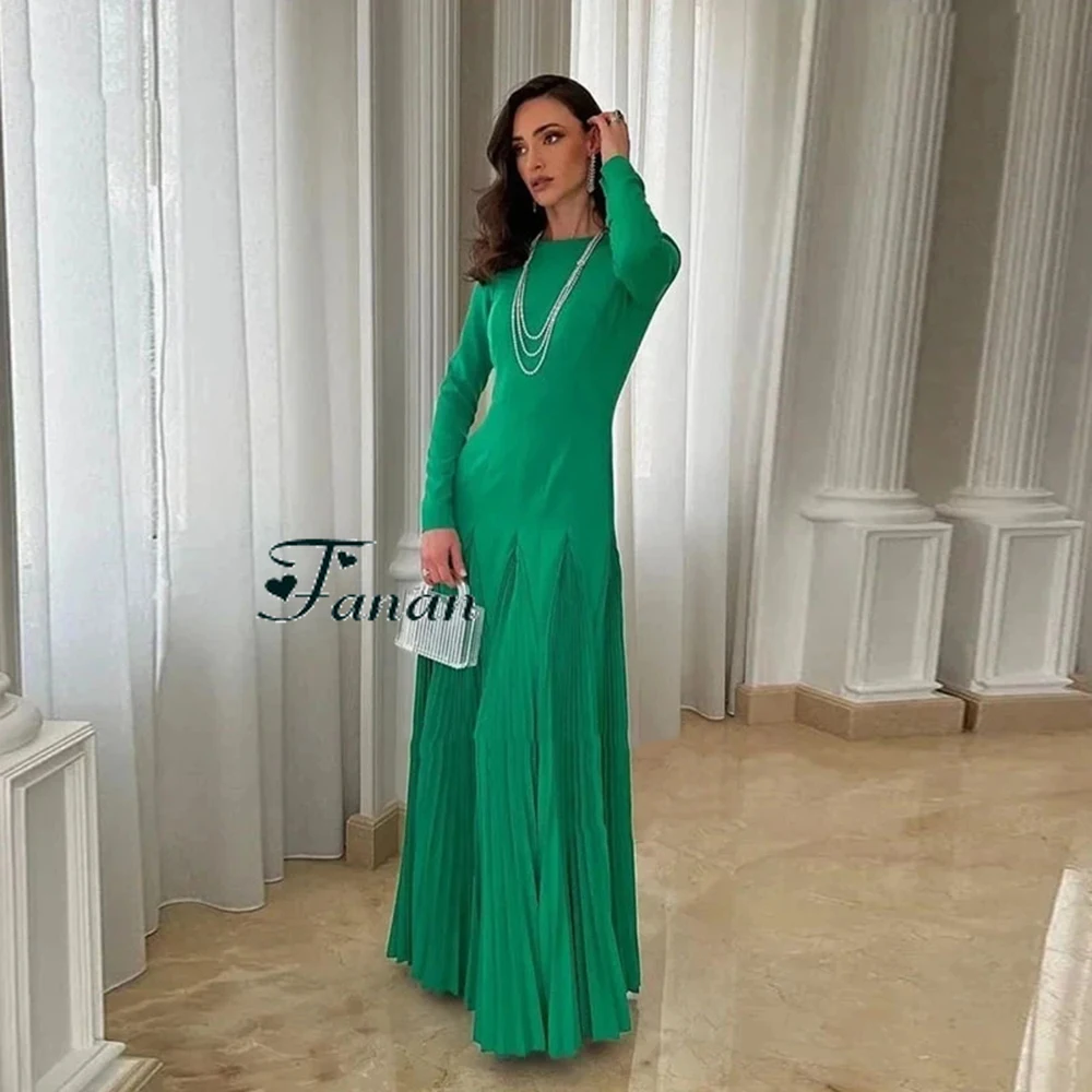 Customized Jiayigong Fashion Simple Green Jersey Evening Dresses O-neck Sexy Backless Full Sleeves A-line Floor Length Pageant P