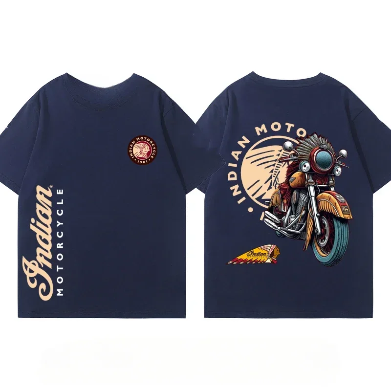 Indian Motorcycle Heavy Locomotive Cruise Bike Riding Suit Club Print Summer Cotton Casual Motorcycle Men's and Women's T-Shirt