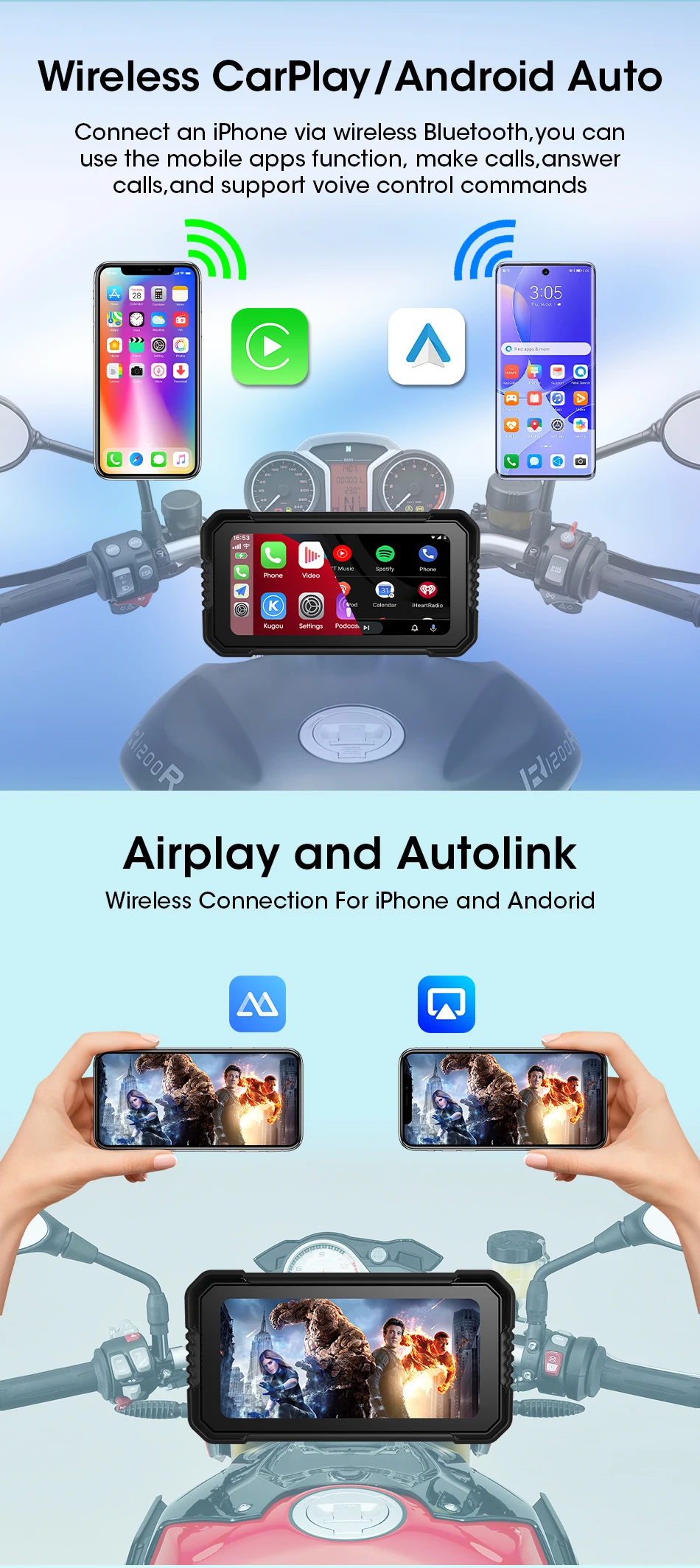 Jansite Portable 6.25" Motorcycle GPS Navigation Wireless Carplay Android Auto DVR Drive Recorder Moto Monitor IPX7 Waterproof