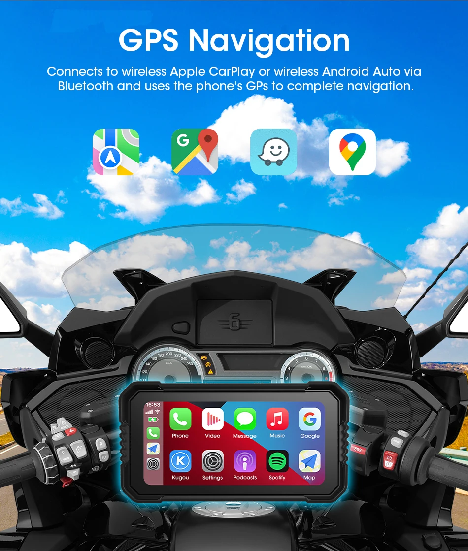 Jansite Portable 6.25" Motorcycle GPS Navigation Wireless Carplay Android Auto DVR Drive Recorder Moto Monitor IPX7 Waterproof
