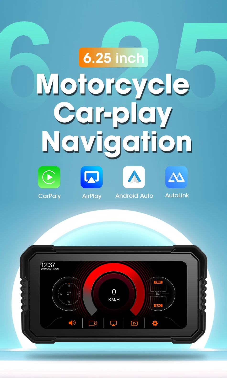 Jansite Portable 6.25" Motorcycle GPS Navigation Wireless Carplay Android Auto DVR Drive Recorder Moto Monitor IPX7 Waterproof