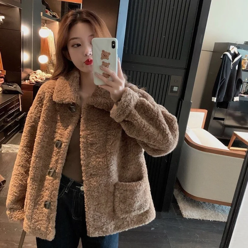 Women Autumn Winter Lamb Wool Faux Fur Thick Plush Warm Cardigan Button Overcoat Solid Loose Long-sleeved Casual Top Outerwear