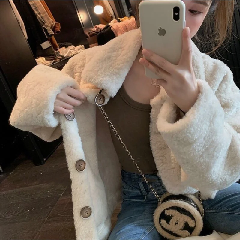 Women Autumn Winter Lamb Wool Faux Fur Thick Plush Warm Cardigan Button Overcoat Solid Loose Long-sleeved Casual Top Outerwear