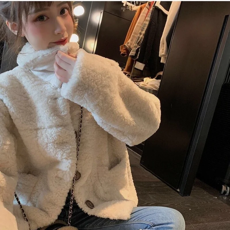 Women Autumn Winter Lamb Wool Faux Fur Thick Plush Warm Cardigan Button Overcoat Solid Loose Long-sleeved Casual Top Outerwear
