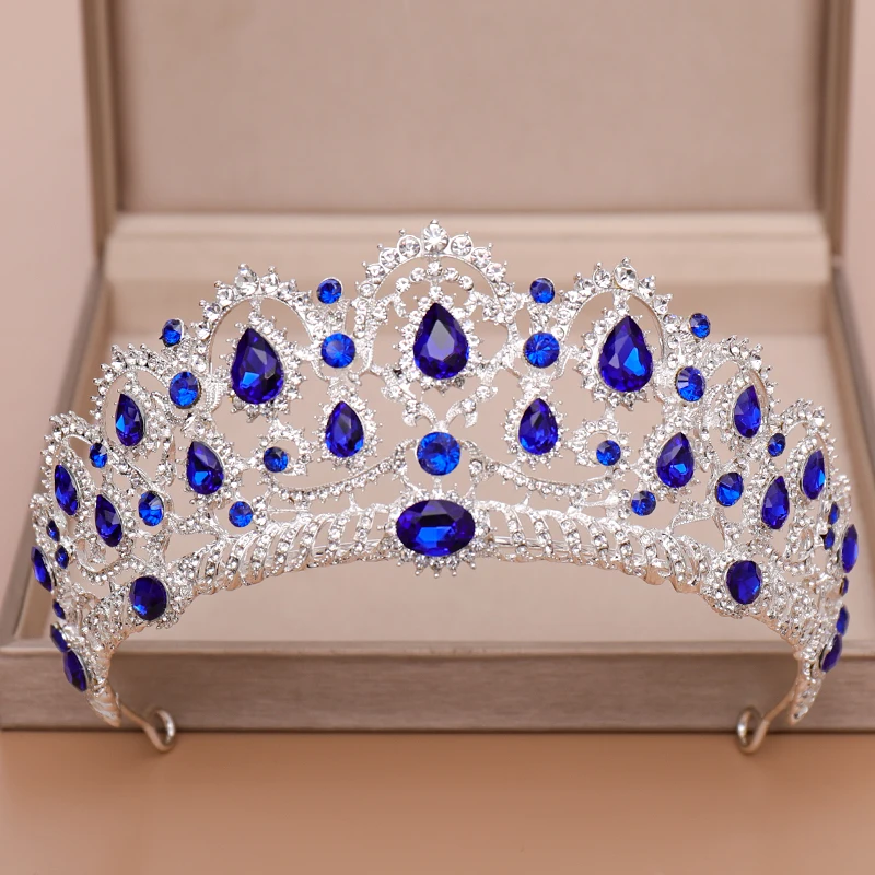 AiliBride Crown Queen tiara Wedding Hair Accessories Blue Crystal Rhinestone Tiaras and Crowns For Bridal Wedding Hair Jewelry