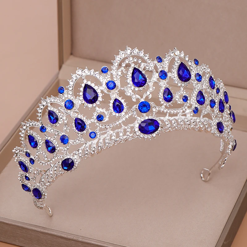 AiliBride Crown Queen tiara Wedding Hair Accessories Blue Crystal Rhinestone Tiaras and Crowns For Bridal Wedding Hair Jewelry