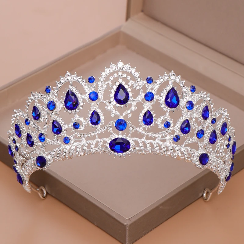 AiliBride Crown Queen tiara Wedding Hair Accessories Blue Crystal Rhinestone Tiaras and Crowns For Bridal Wedding Hair Jewelry