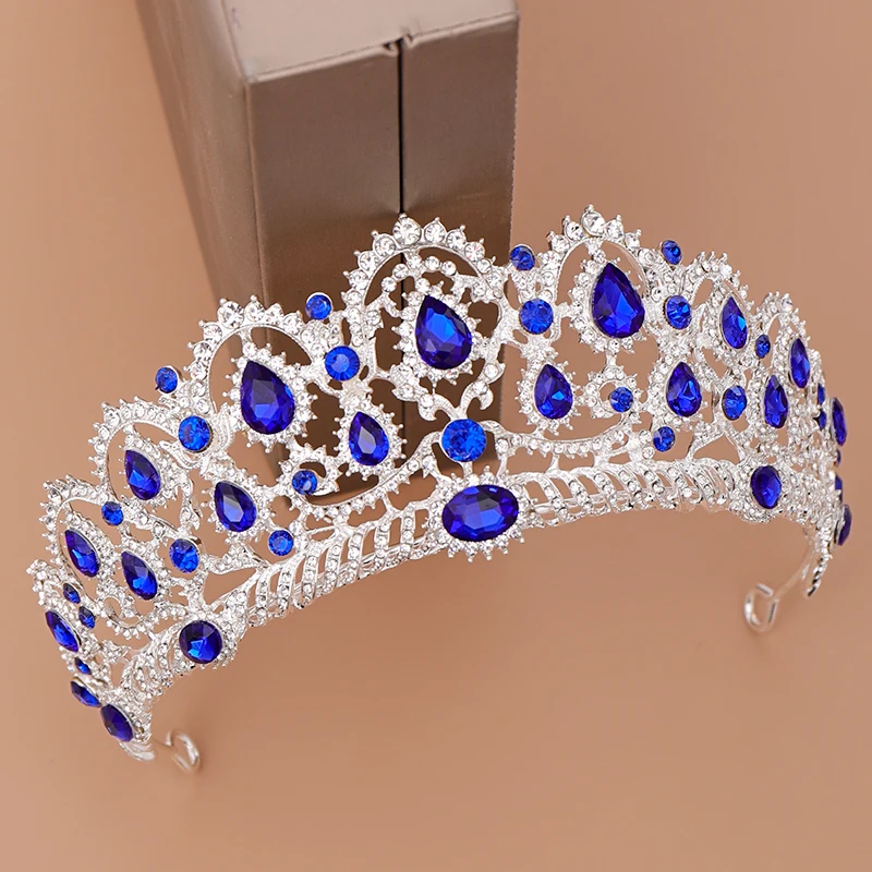 AiliBride Crown Queen tiara Wedding Hair Accessories Blue Crystal Rhinestone Tiaras and Crowns For Bridal Wedding Hair Jewelry