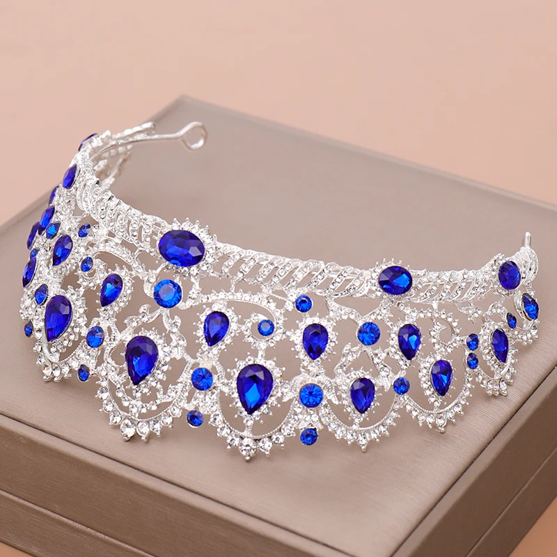AiliBride Crown Queen tiara Wedding Hair Accessories Blue Crystal Rhinestone Tiaras and Crowns For Bridal Wedding Hair Jewelry
