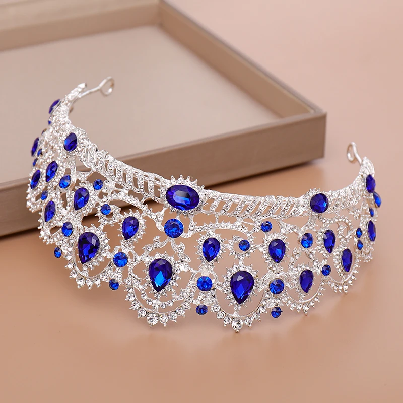AiliBride Crown Queen tiara Wedding Hair Accessories Blue Crystal Rhinestone Tiaras and Crowns For Bridal Wedding Hair Jewelry