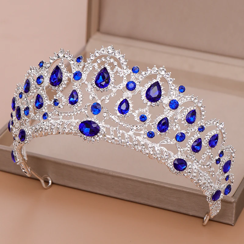 AiliBride Crown Queen tiara Wedding Hair Accessories Blue Crystal Rhinestone Tiaras and Crowns For Bridal Wedding Hair Jewelry