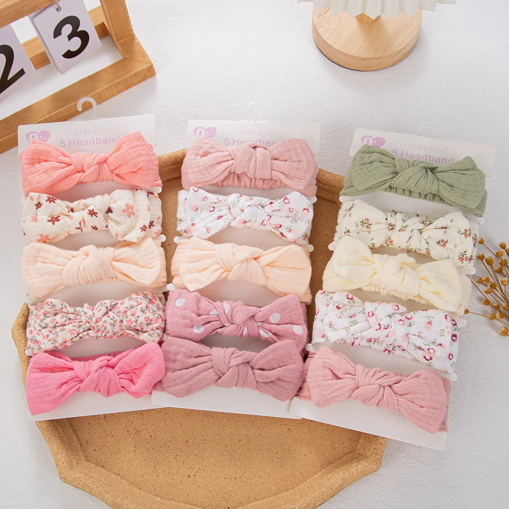 5Pcs/Set Solid Muslin Cotton Linen Baby Headband Elastic Rabbit Ear Hair Band Infant Girl Turban Headwraps Stretch Accessories