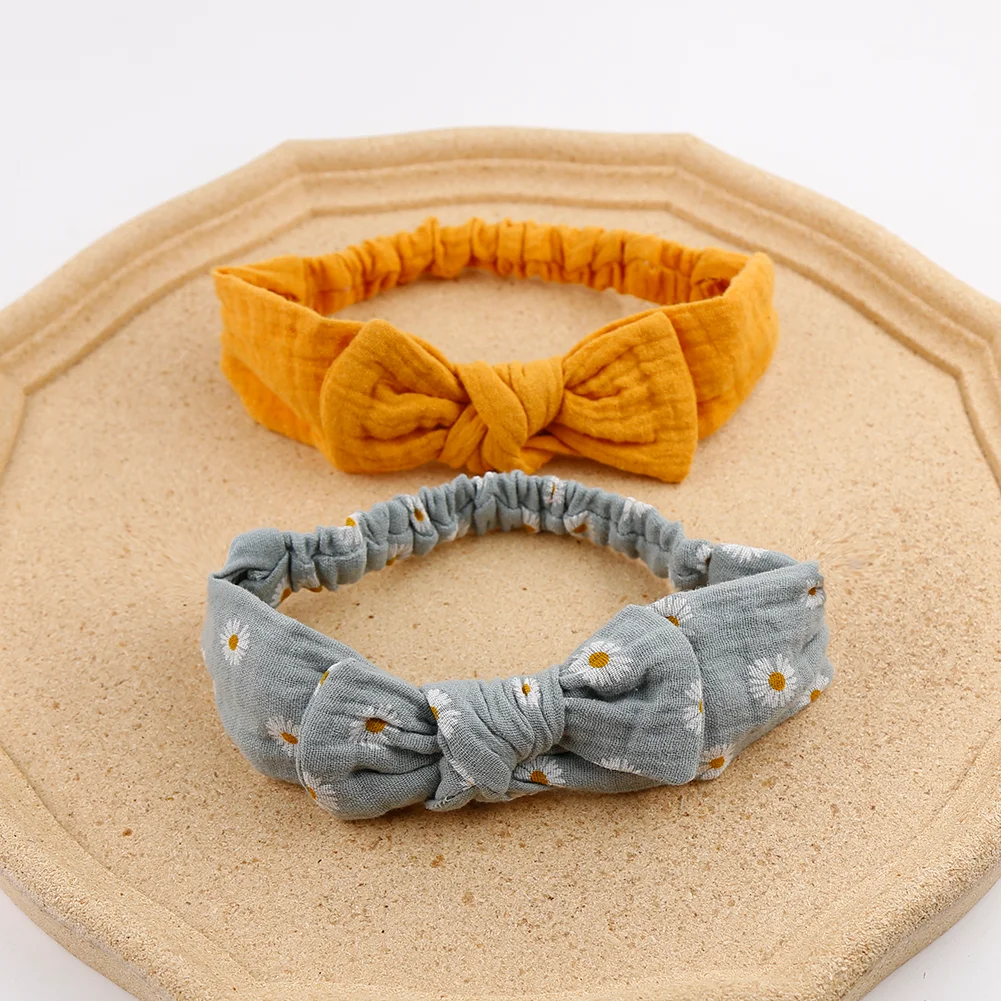 5Pcs/Set Solid Muslin Cotton Linen Baby Headband Elastic Rabbit Ear Hair Band Infant Girl Turban Headwraps Stretch Accessories