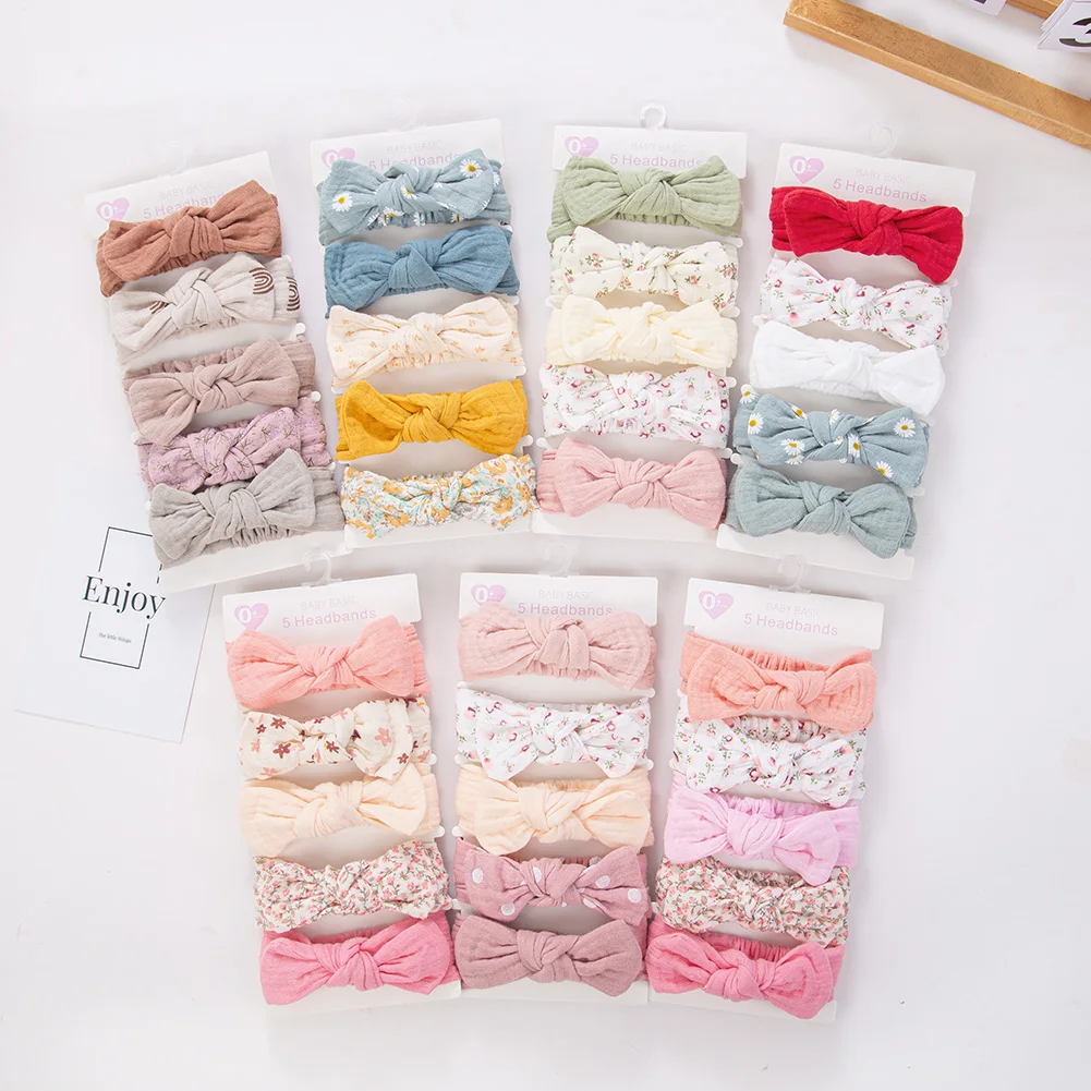 5Pcs/Set Solid Muslin Cotton Linen Baby Headband Elastic Rabbit Ear Hair Band Infant Girl Turban Headwraps Stretch Accessories