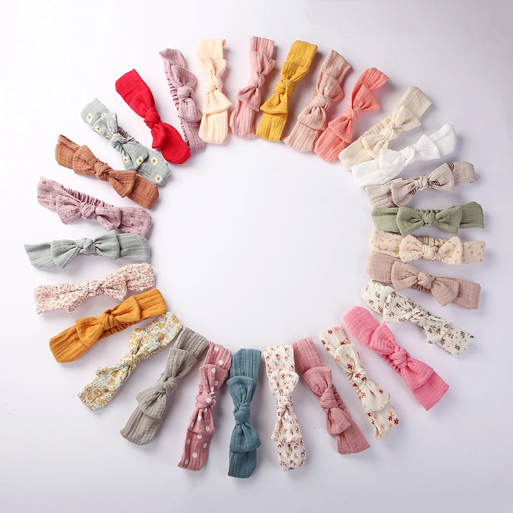 5Pcs/Set Solid Muslin Cotton Linen Baby Headband Elastic Rabbit Ear Hair Band Infant Girl Turban Headwraps Stretch Accessories