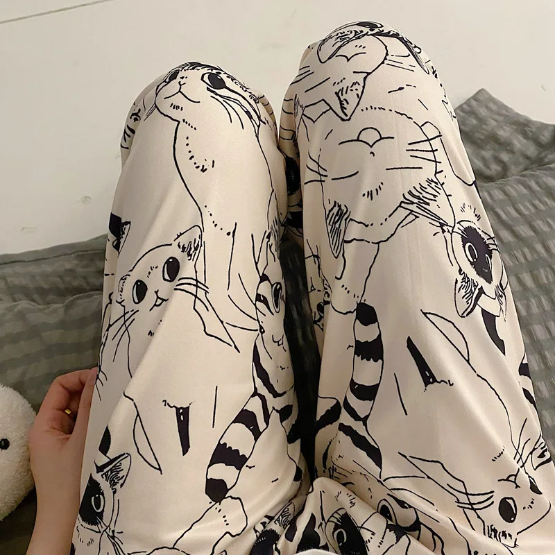 Pajama Pants Woman Cartoon Moe Cat Big Battle Pajama Trousers Female Student Trousers Loose Casual Trousers Lady Sleeping Pants