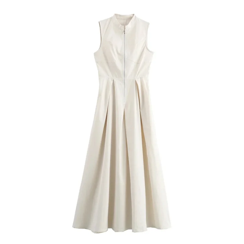 MUJER Zipper Long Dress Woman Pleated Sleeveless Bodycon Dress Summer Elegant Party Dresses For Women 2025 New Midi Dresses