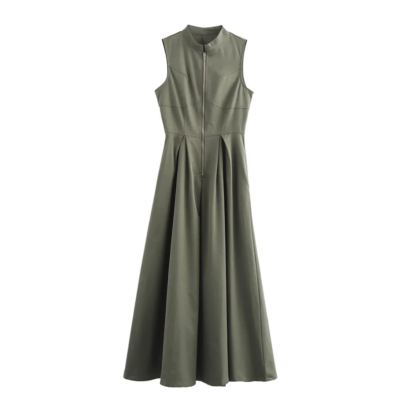 MUJER Zipper Long Dress Woman Pleated Sleeveless Bodycon Dress Summer Elegant Party Dresses For Women 2025 New Midi Dresses