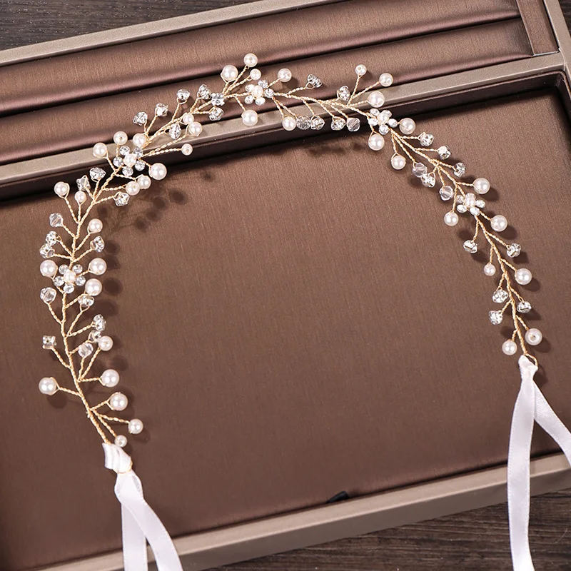 Trendy Gold Pearl Crystal Wedding Headband tiara Bridal Headpiece Hairband  Wedding Hair Accessories Women Hair Jewelry Handmade