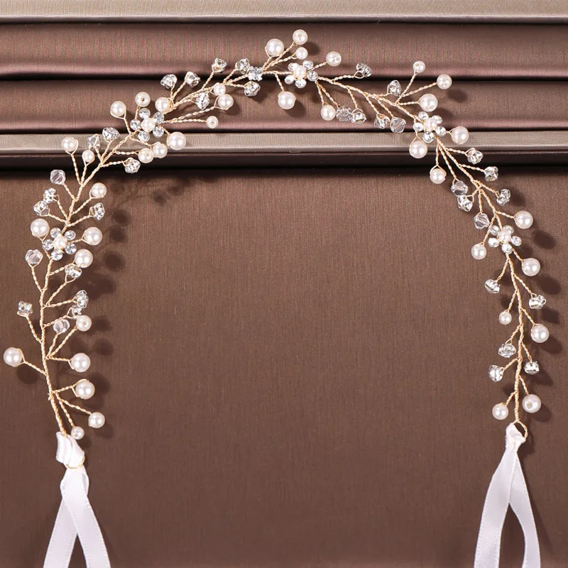 Trendy Gold Pearl Crystal Wedding Headband tiara Bridal Headpiece Hairband  Wedding Hair Accessories Women Hair Jewelry Handmade