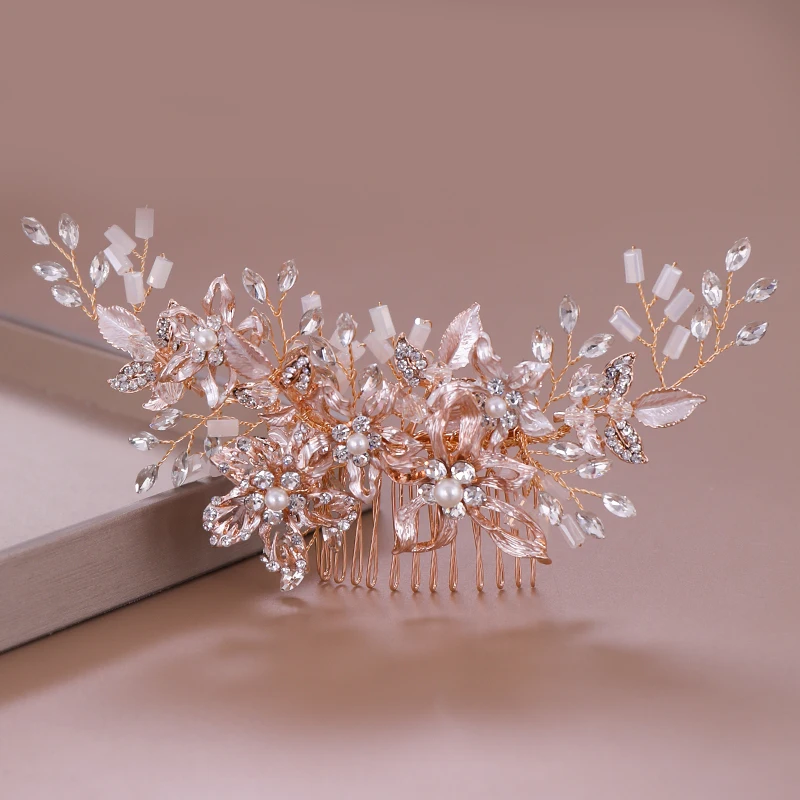 Trendy Rose gold Rhinestone Wedding Hair Combs Hair Accessories for Bridal Crystal Headpiece Hair ornaments Wedding Hair Jewelry
