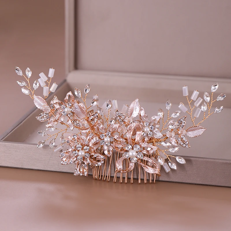 Trendy Rose gold Rhinestone Wedding Hair Combs Hair Accessories for Bridal Crystal Headpiece Hair ornaments Wedding Hair Jewelry