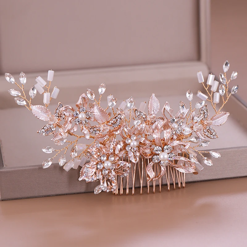 Trendy Rose gold Rhinestone Wedding Hair Combs Hair Accessories for Bridal Crystal Headpiece Hair ornaments Wedding Hair Jewelry