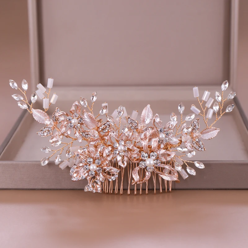 Trendy Rose gold Rhinestone Wedding Hair Combs Hair Accessories for Bridal Crystal Headpiece Hair ornaments Wedding Hair Jewelry