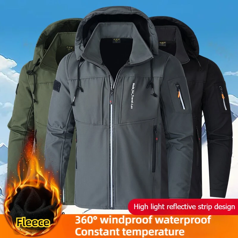 KB Men's Outdoor Jackets Fleece Lining Windbreaker Waterproof Winter Warm Jacket for Men Detachable Hat Men's Coats