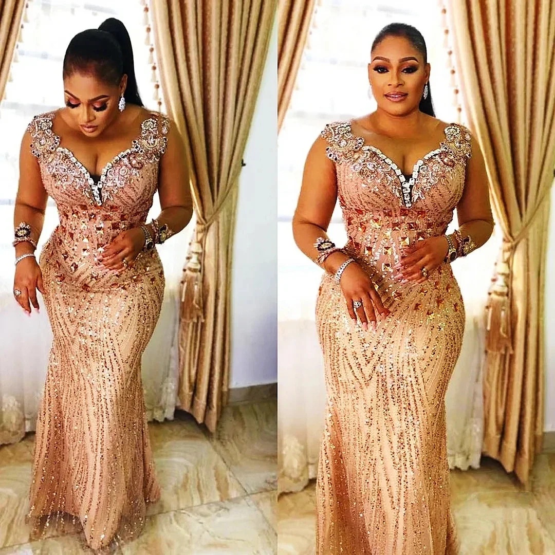 Mermaid Long Sleeves Sequins Crystals Long Dubai Saudi Arabic Black Girls Evening Gown Prom Aso Ebi African Evening Dresses