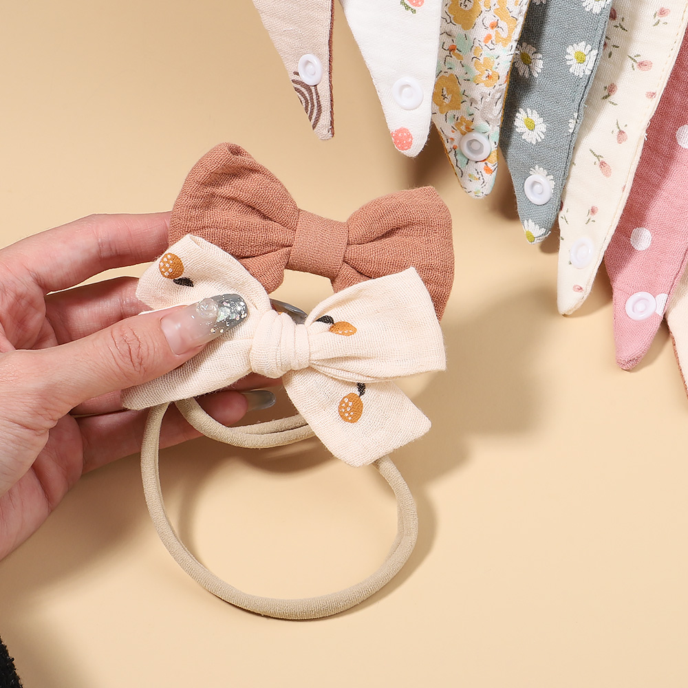 3Pcs/Set Muslin Cotton Print Bib Newborn Bows Headband Triangle Saliva Towel Infant Boy Girl Feeding Burp Baby Hair Accessories