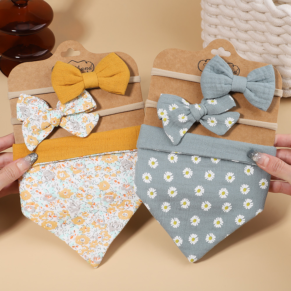 3Pcs/Set Muslin Cotton Print Bib Newborn Bows Headband Triangle Saliva Towel Infant Boy Girl Feeding Burp Baby Hair Accessories
