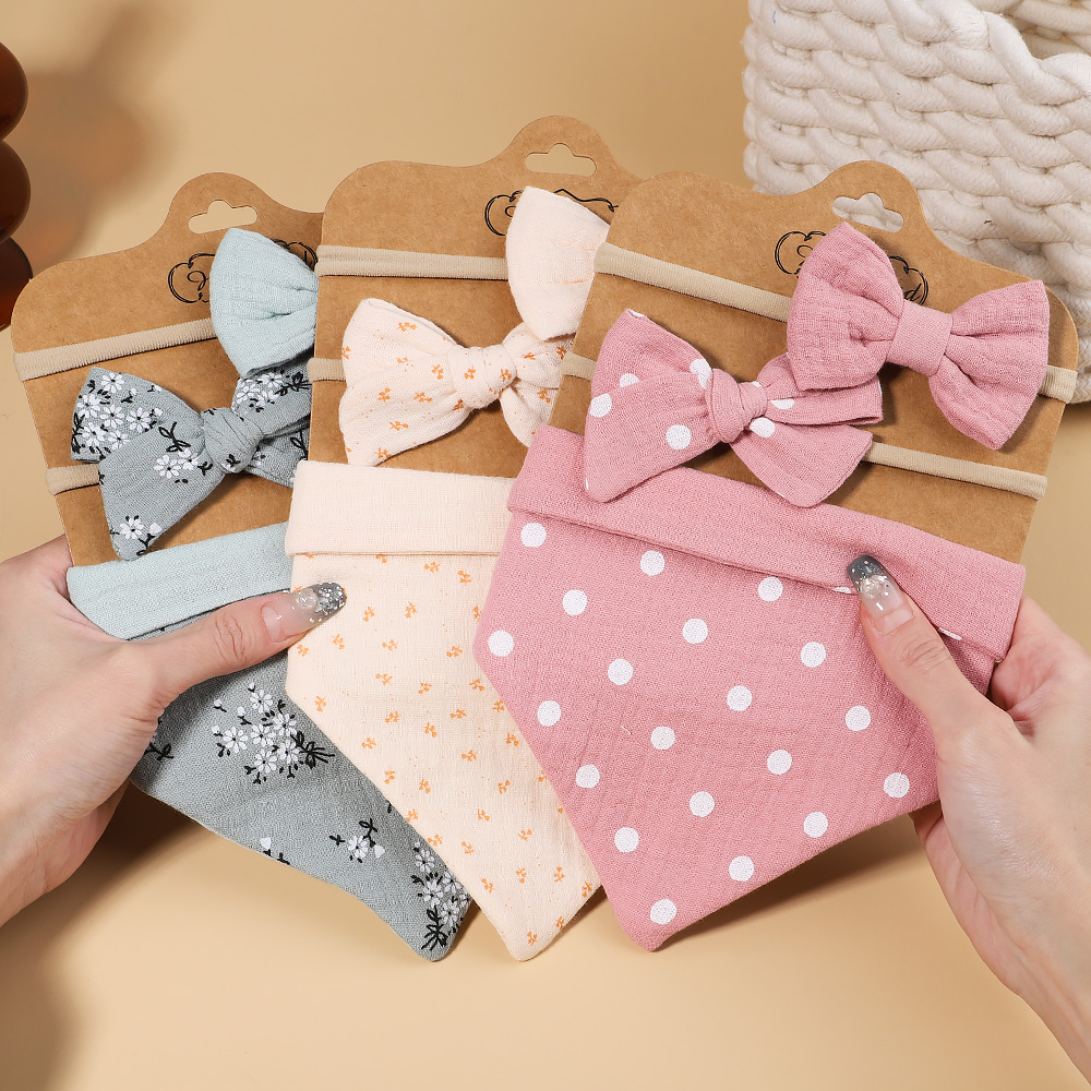 3Pcs/Set Muslin Cotton Print Bib Newborn Bows Headband Triangle Saliva Towel Infant Boy Girl Feeding Burp Baby Hair Accessories
