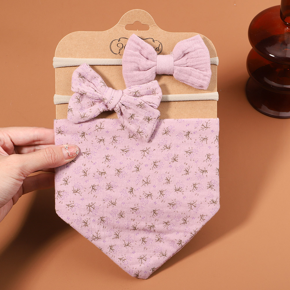 3Pcs/Set Muslin Cotton Print Bib Newborn Bows Headband Triangle Saliva Towel Infant Boy Girl Feeding Burp Baby Hair Accessories