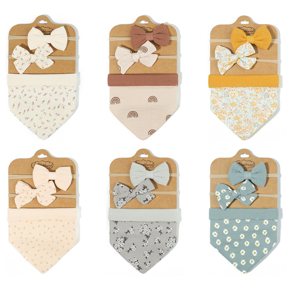 3Pcs/Set Muslin Cotton Print Bib Newborn Bows Headband Triangle Saliva Towel Infant Boy Girl Feeding Burp Baby Hair Accessories